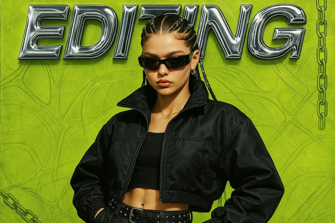 Editing and content creation, styled Y2K chrome graphic